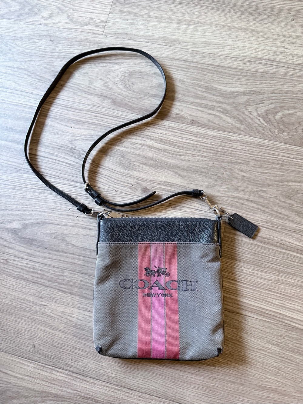 Coach New York Gray & Pink Stripe Canvas Crossbody Bag Authentic